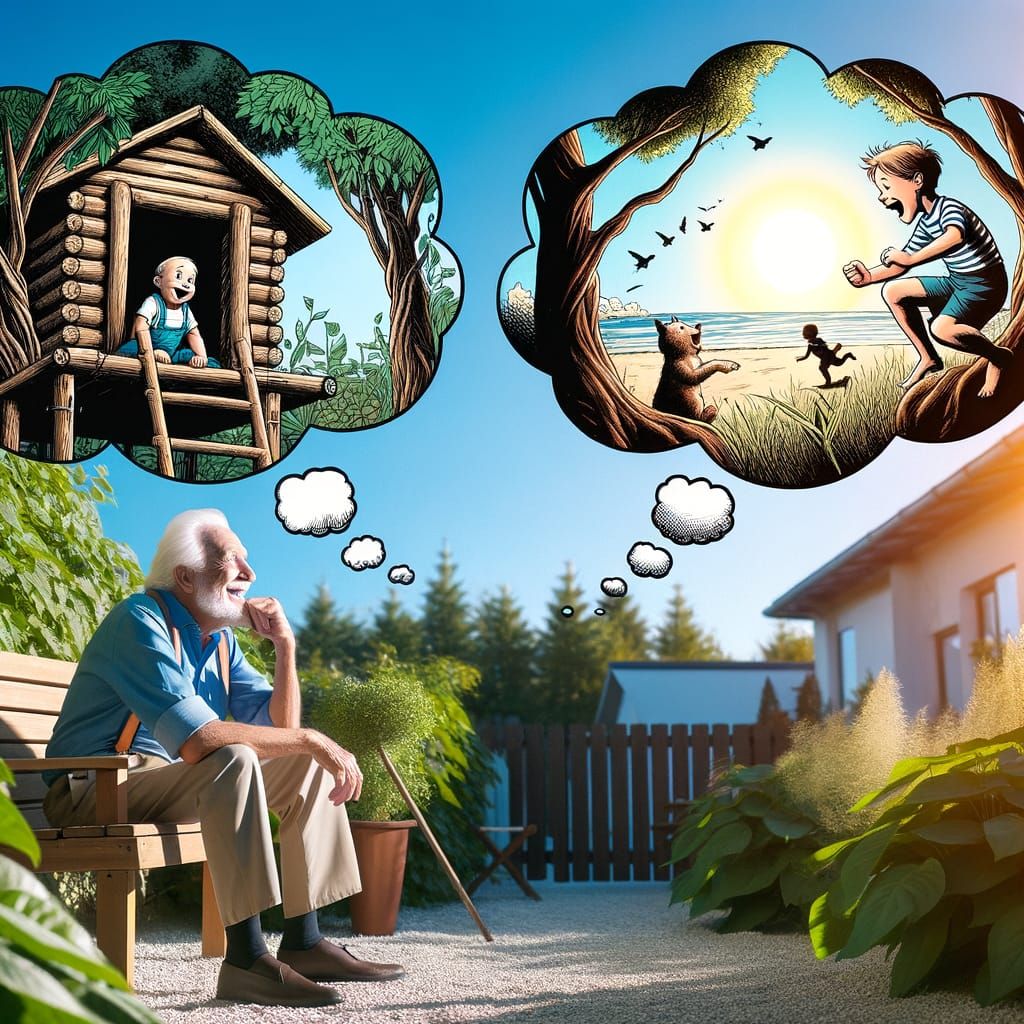 Elderly man sitting in his garden recalls memories, “in a co...