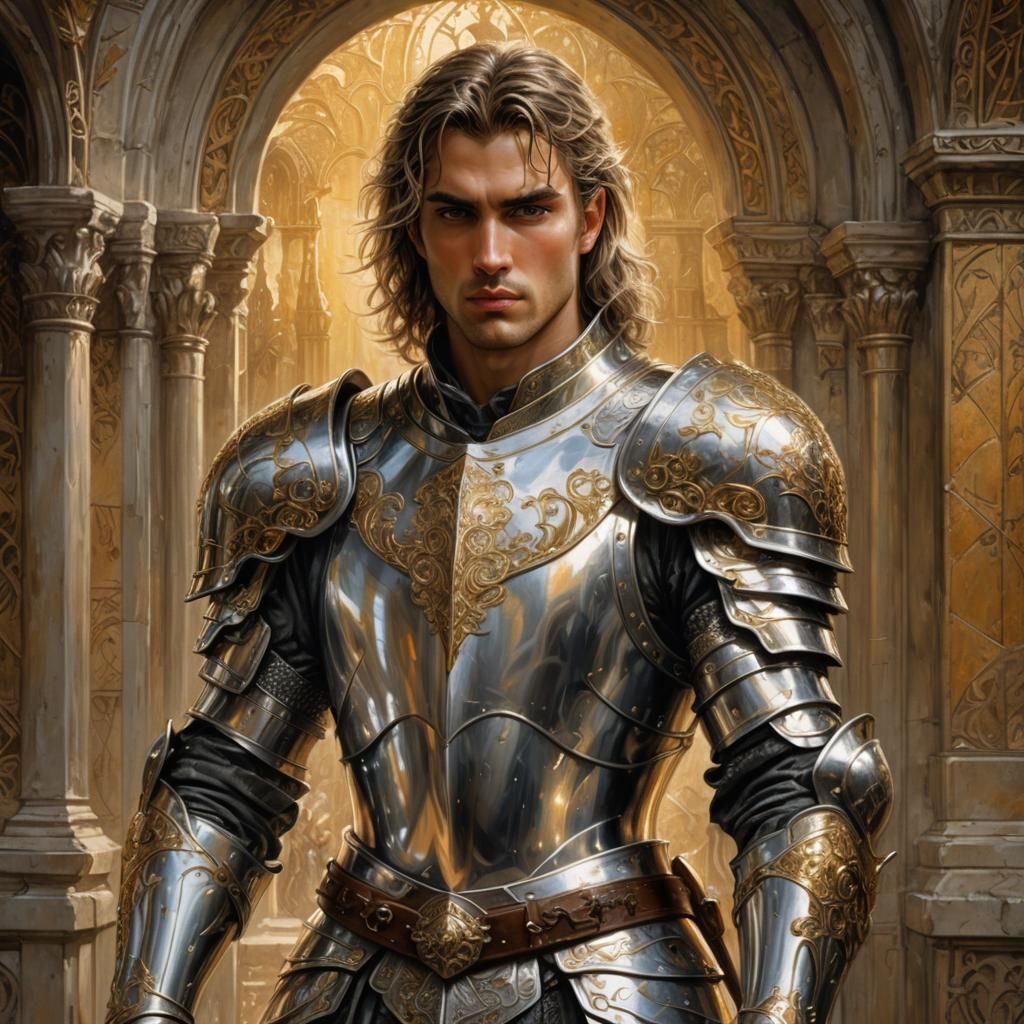 Elegant Knight in Silver Armor, Art Nouveau Style