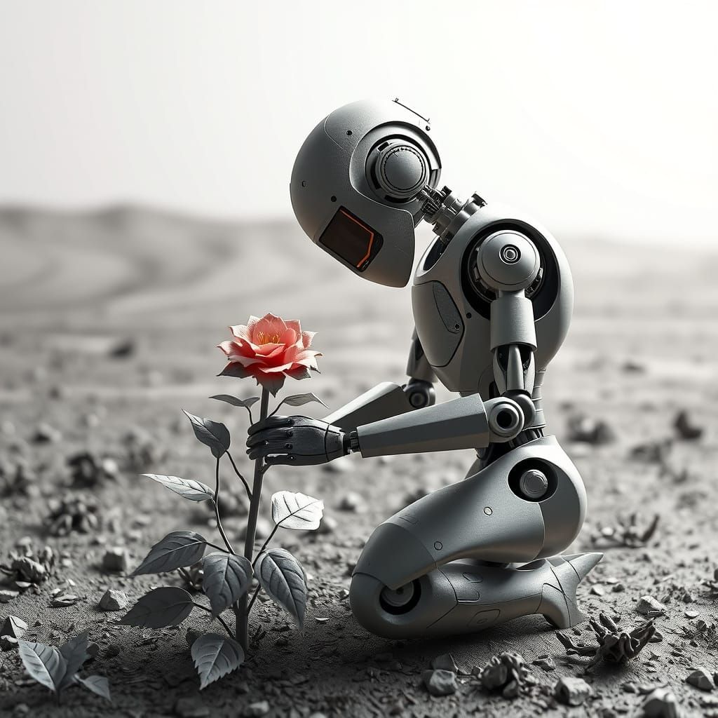 Robot Tending Rose of Sharon in Wasteland as Origami