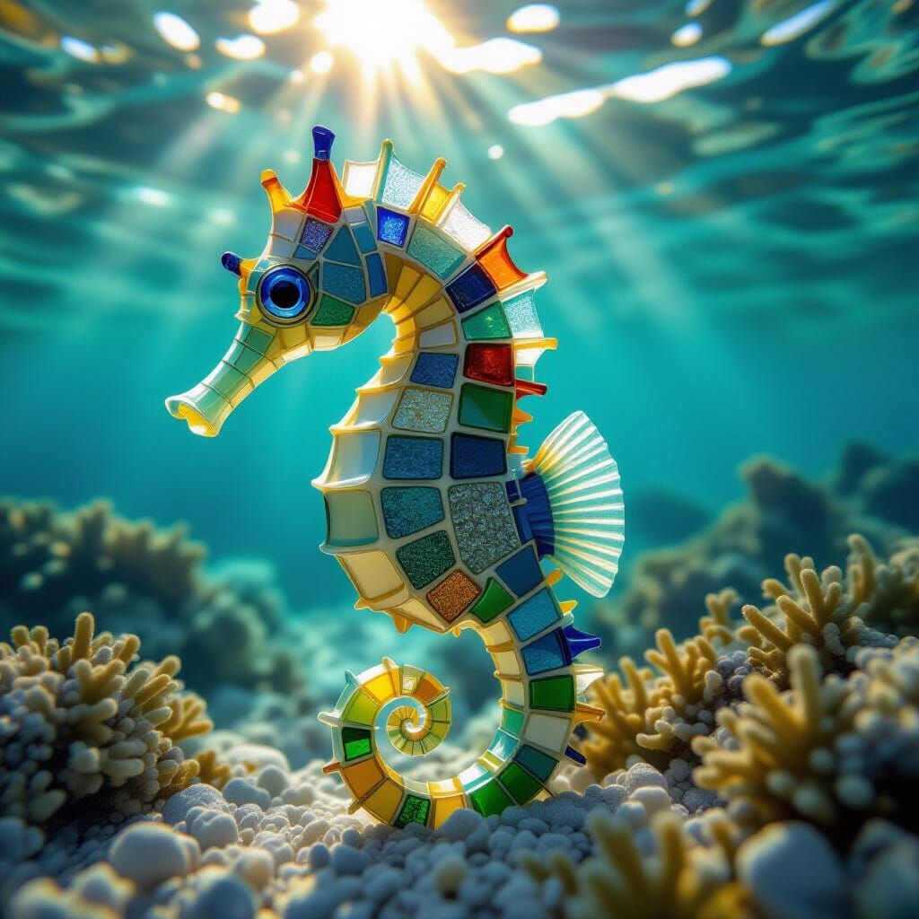 A seahorse made of sea glass. The sea glass is irregular in shape. The sea glass varies in size and color ...  by @Emanu1