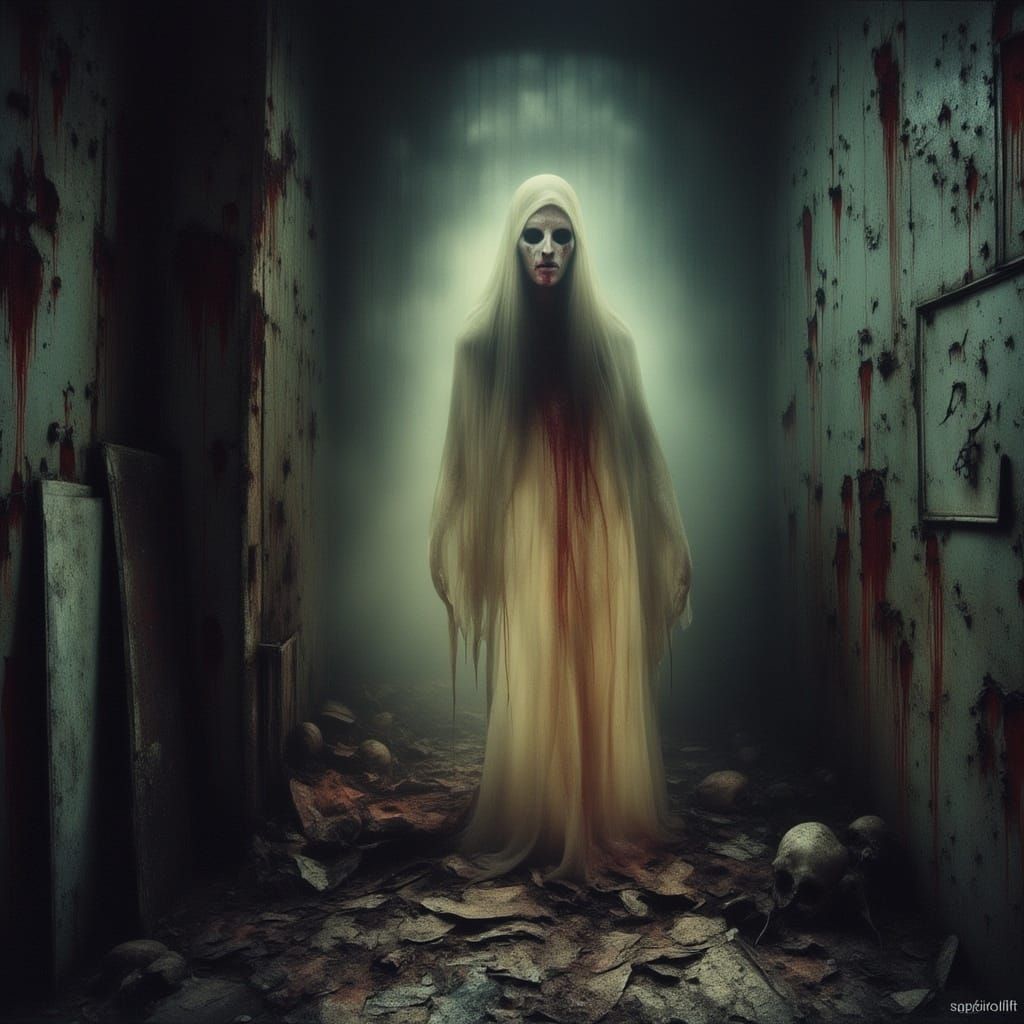 <lora:Nightmare v2:1.0> surreal horror masterpece , scared  despair translucent glowing  ghost covered in dark red blood , rusted  walls of...
