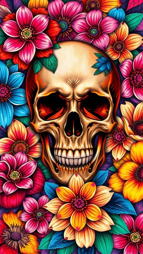 human skull with colorful flowers pattern