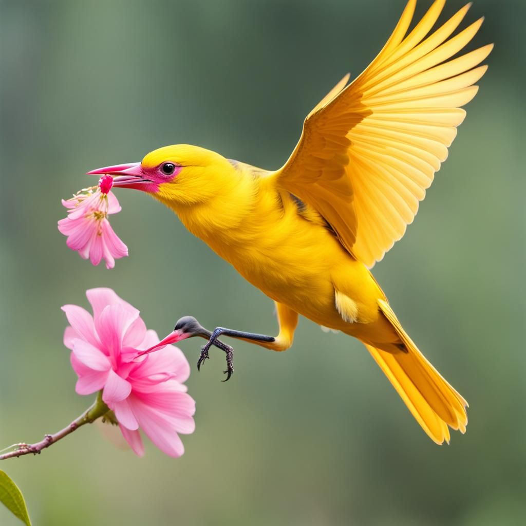 beautiful yellow bird flying while holding a pink flower ste...