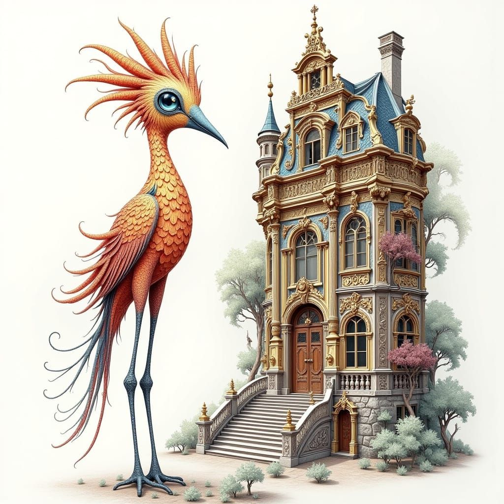 <lora:fract:1.0> fractal art A big-eyed, thin-legged boho bird stands next to a rococo building. By Romain Mennetrier. Pencil drawing with a...