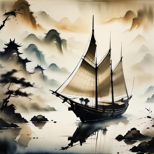 Traditional junk, muted chinese ink painting, muted color, rice paper texture, splash paint, wet to wet techniques, perfect balance composit...