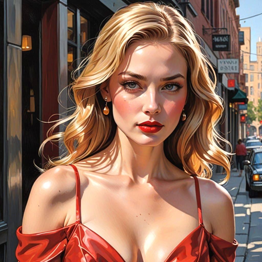 Golden Goddess in Red Evening Gown