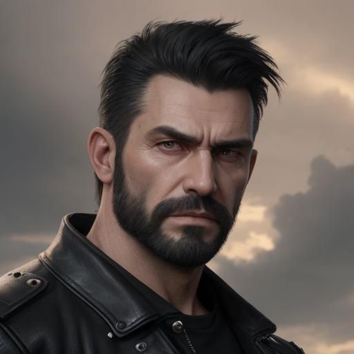 A man with BLACK hair, beard, leather jacket