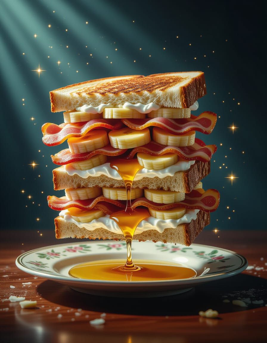 The Enchanted Spiral Sandwich Tower: A Floating Fusion of Bacon, Banana, Cream Cheese, and Honey on Cinnamon Raisin Toast