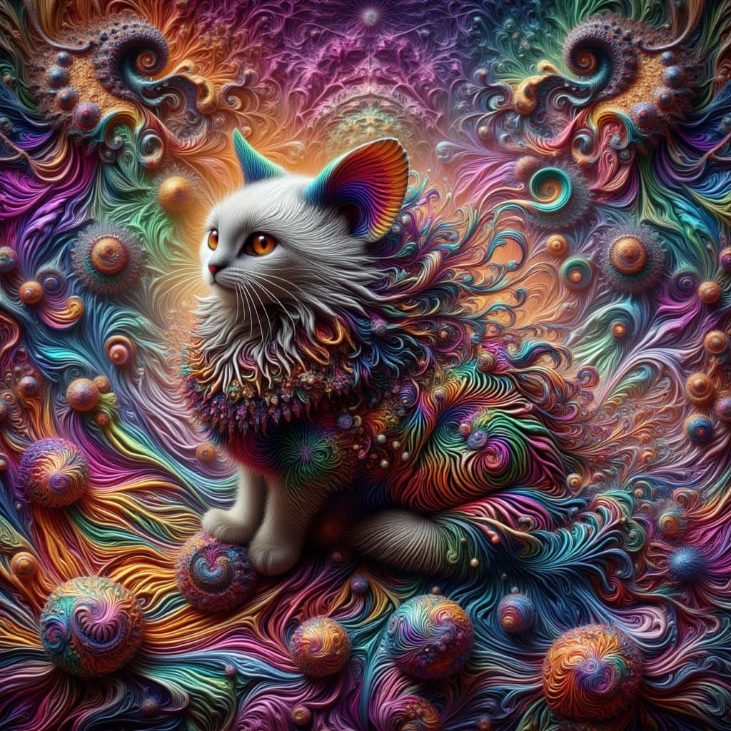 <lora:kkd-fractalcolor:1.0>cat wearing patterned coat, pointy hair, Fractal, surreal, colorful, zebra patterns, swirl