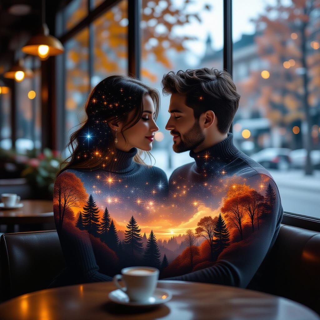 Ethereal Autumn Couple in Celestial Cafe