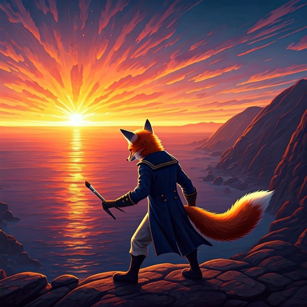 Fox in Naval Attire Paints Fantastical Landscape as Sunset