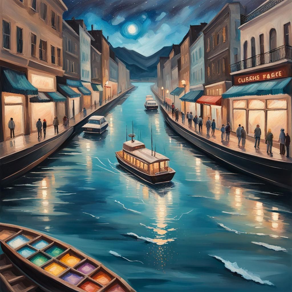 Ship Sails Under Bridge: Colorful Painting