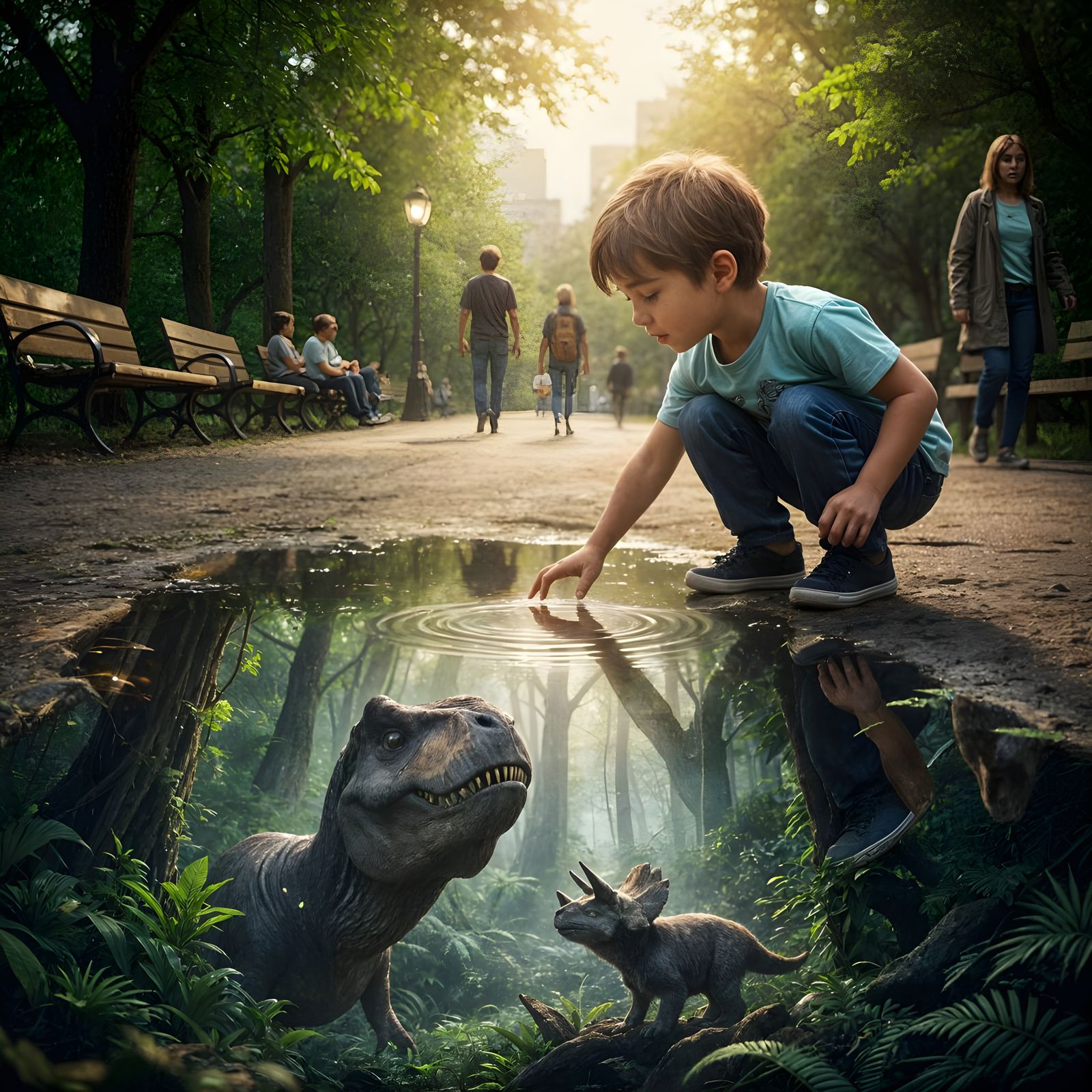 Child Looks Into a Prehistoric Portal in a City Park  by @Evan Fischer