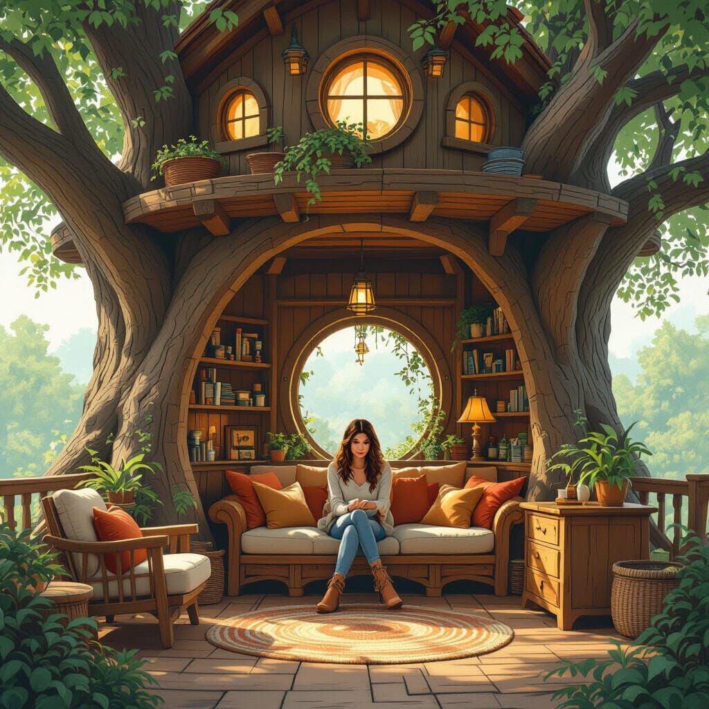 Inside a large tree house, decorated with wooden furniture.