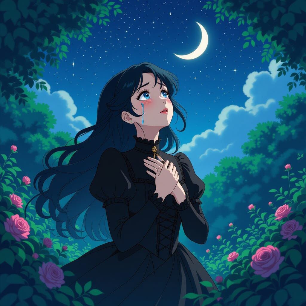 Gothic Anime Girl Gazing at Starry Night Sky