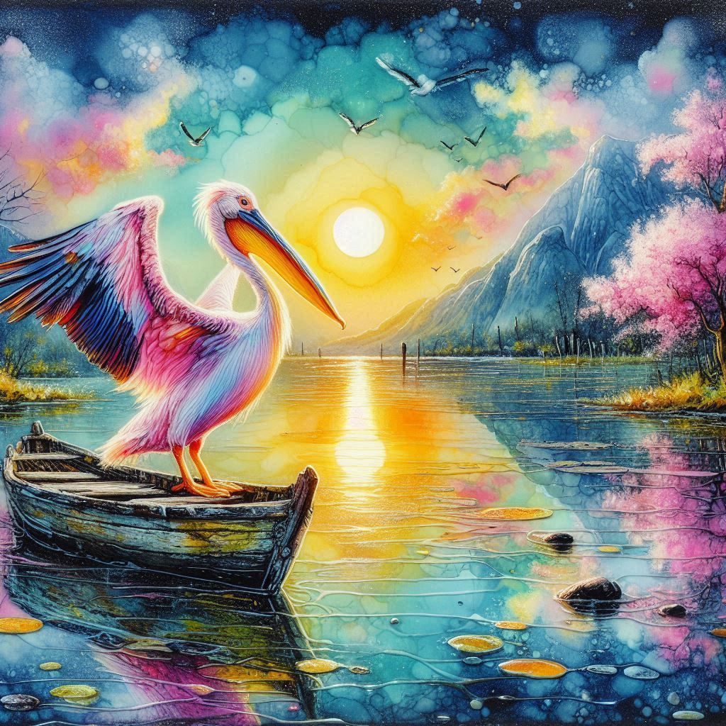 Pelican on a little wooden boat at sunset