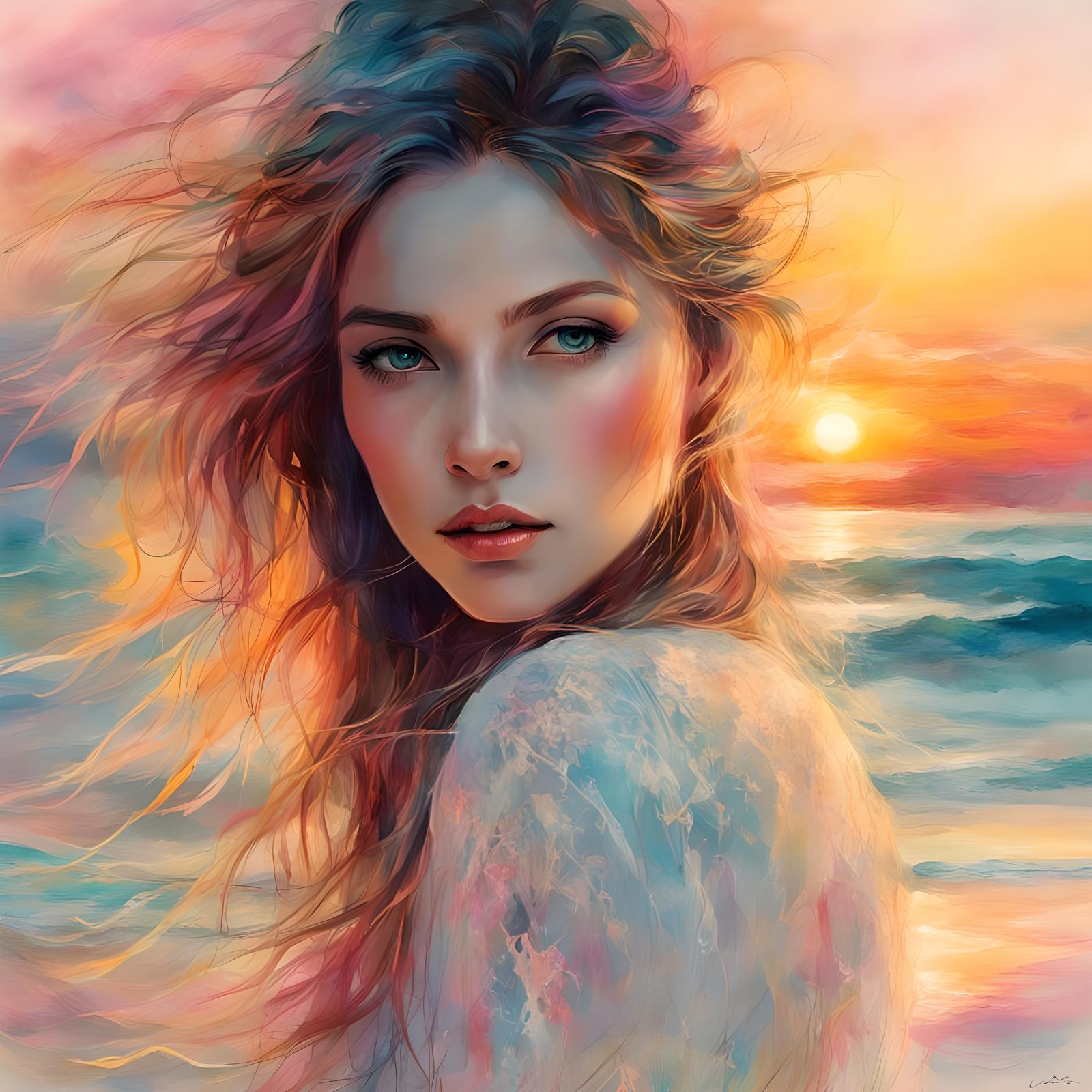 Stunning woman with a sea of sparkling sunset waters.
