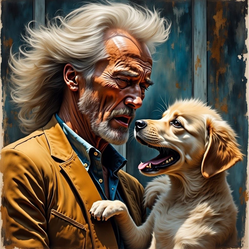 <lora:Caught in a Mosh v2:1.0> angry suburban Clint Eastwood staring at a puppy, dynamic action, action pose; intricate details, immense de...
