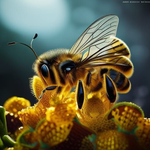 Photorealistic ultra detailed portrait of The Queen Bee, honeycomb with ...