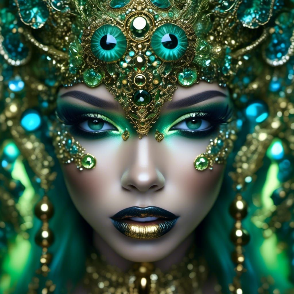 a breathtaking forest goddess, with Amazing Lips, and Extreme Eyes, green tone, in the style of colorful animations, Takashi Murakami, elabo...