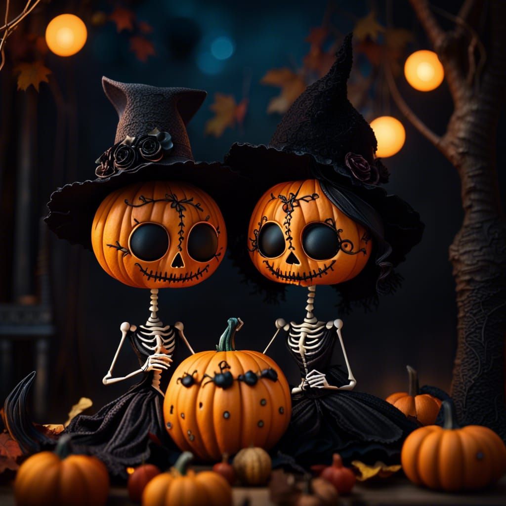 Two romantic pumpkin skeleton women Tim Burton style petting