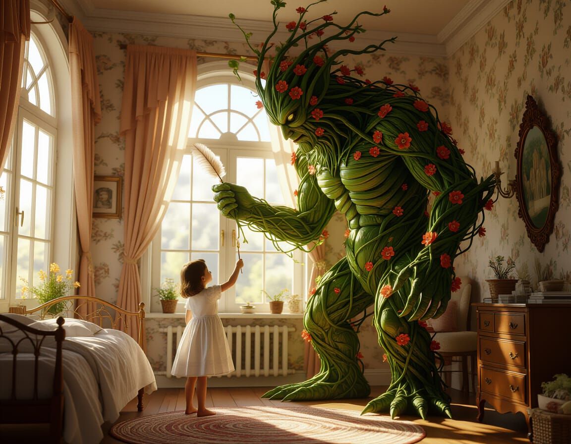  A photorealistic, 8k resolution masterpiece depicting a colossal elemental creature, composed entirely of twisting vines and vibrant Sunkis...