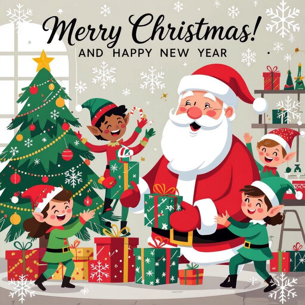 Create a fun, modern-style Christmas card featuring Santa Claus and his cheerful elves in a festive scene. Use a clean, contemporary design ...