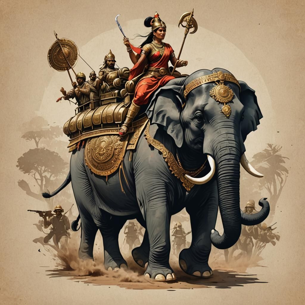 a pictorial logo of indian lady warrior riding an Elephant