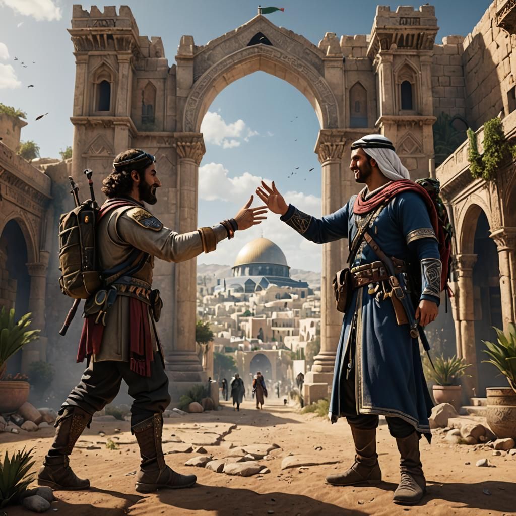 An Israeli and a Palestinian high five one another  by @Alex Sumner