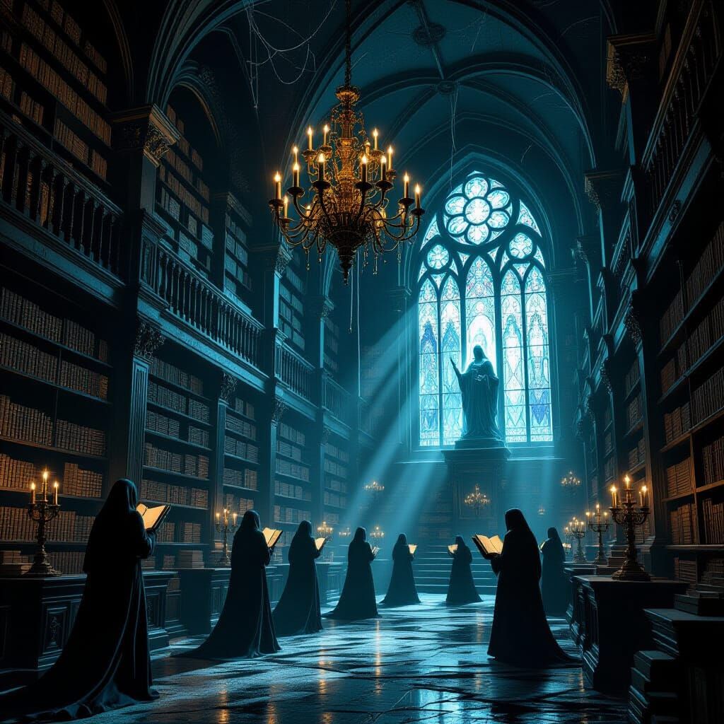 An abandoned, gothic-style library where spectral librarians float amongst towering shelves filled with ancient, glowing tomes. Cobwebs drap...