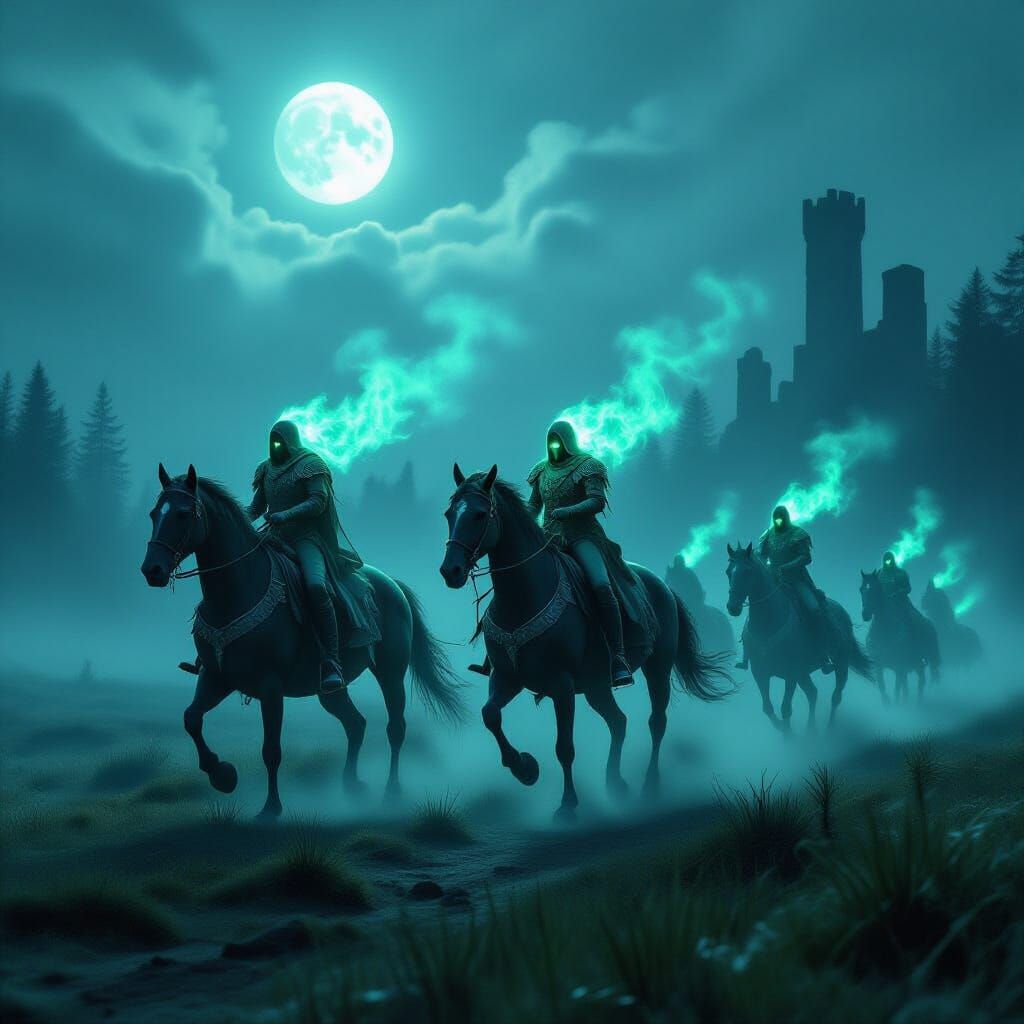 Ghostly riders galloping through a foggy plain under the moonlight, their spectral horses glowing with pale green fire. The riders wear tatt...