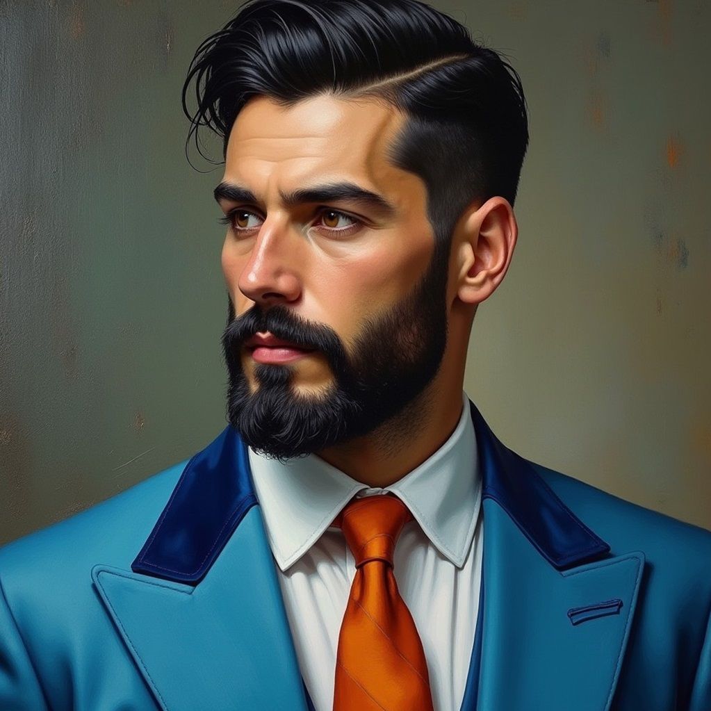 A handsome bearded man wearing  a   blue   suit
