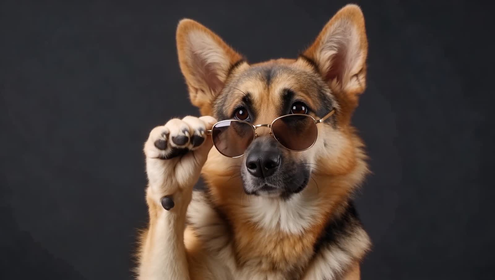 Een schattige German Shepperd draagt een zonnebril en duwt de zonnebril met één poot, de uitdrukking is cool en zelfverz...