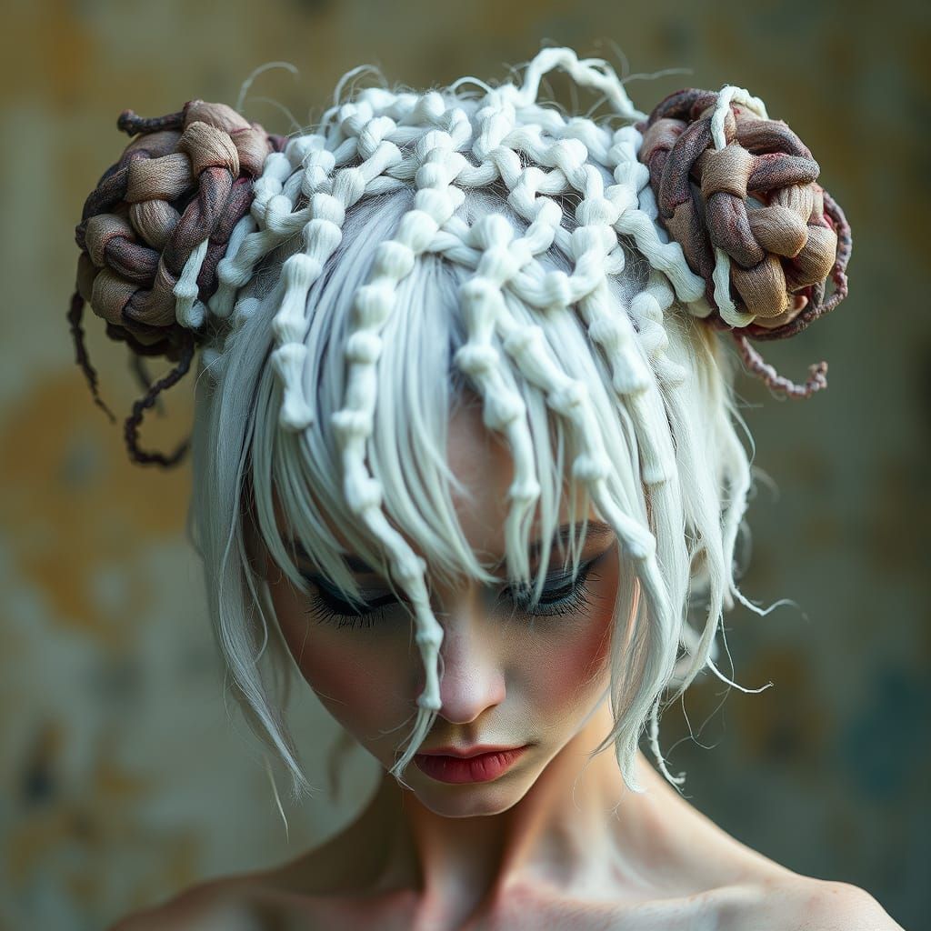 A woman modeling a dyed white hair style that is styled in asymmetrical interwoven bubble shaped hair ...  by @THERIONS