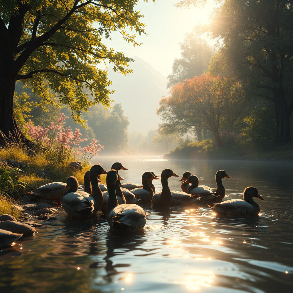 Ducks by Riverbank in Dreamlike Landscape