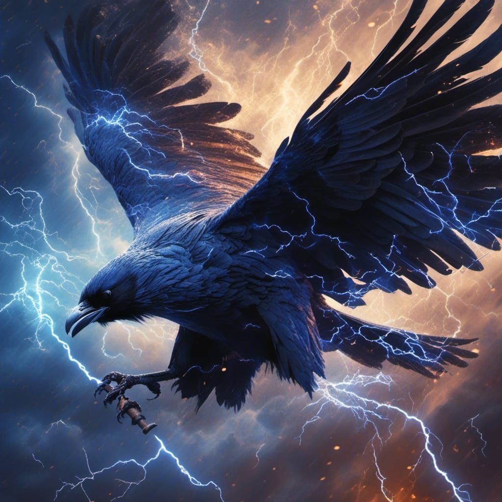 <lora:Raio:1.0> An incredible Raven made of lightning, digital art masterpiece, electrical blue lightning energy sizzles in the air, epic ci...