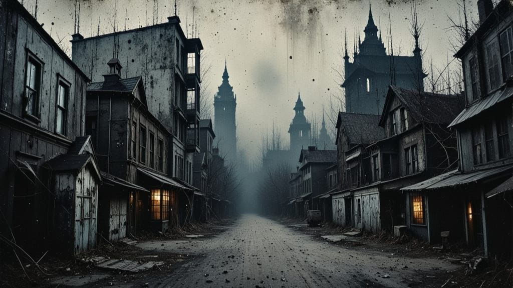 Dark Dystopian Cityscape in Chaotic Expressionism Style