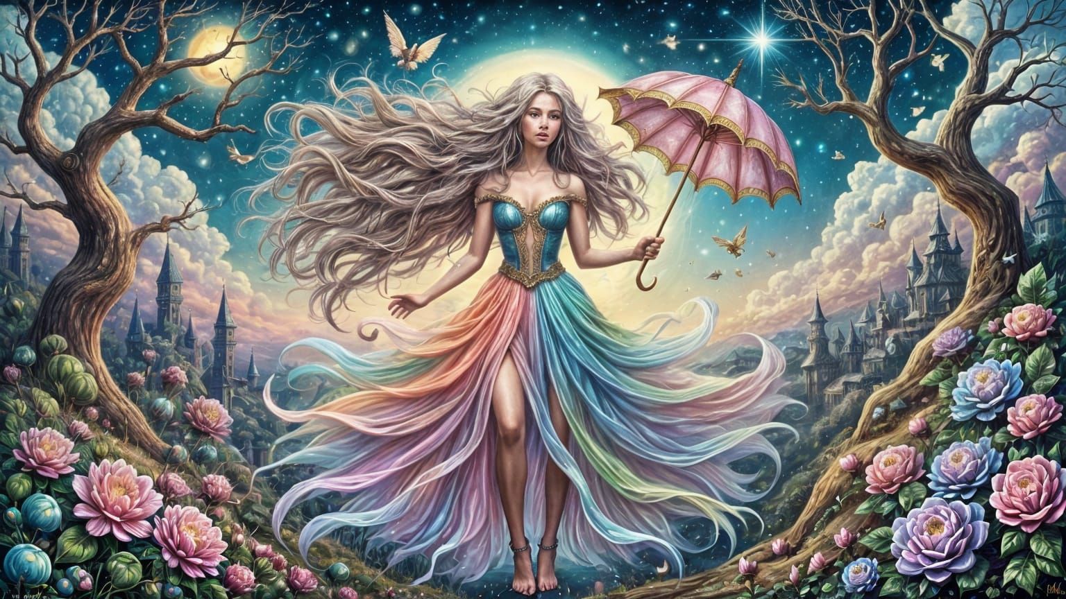 Radiant Goddess Soars Above Whimsical Fantasy World