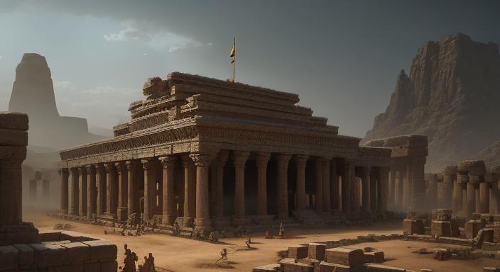 ancient mesopotamian village, spartans crowd an ancient temp...