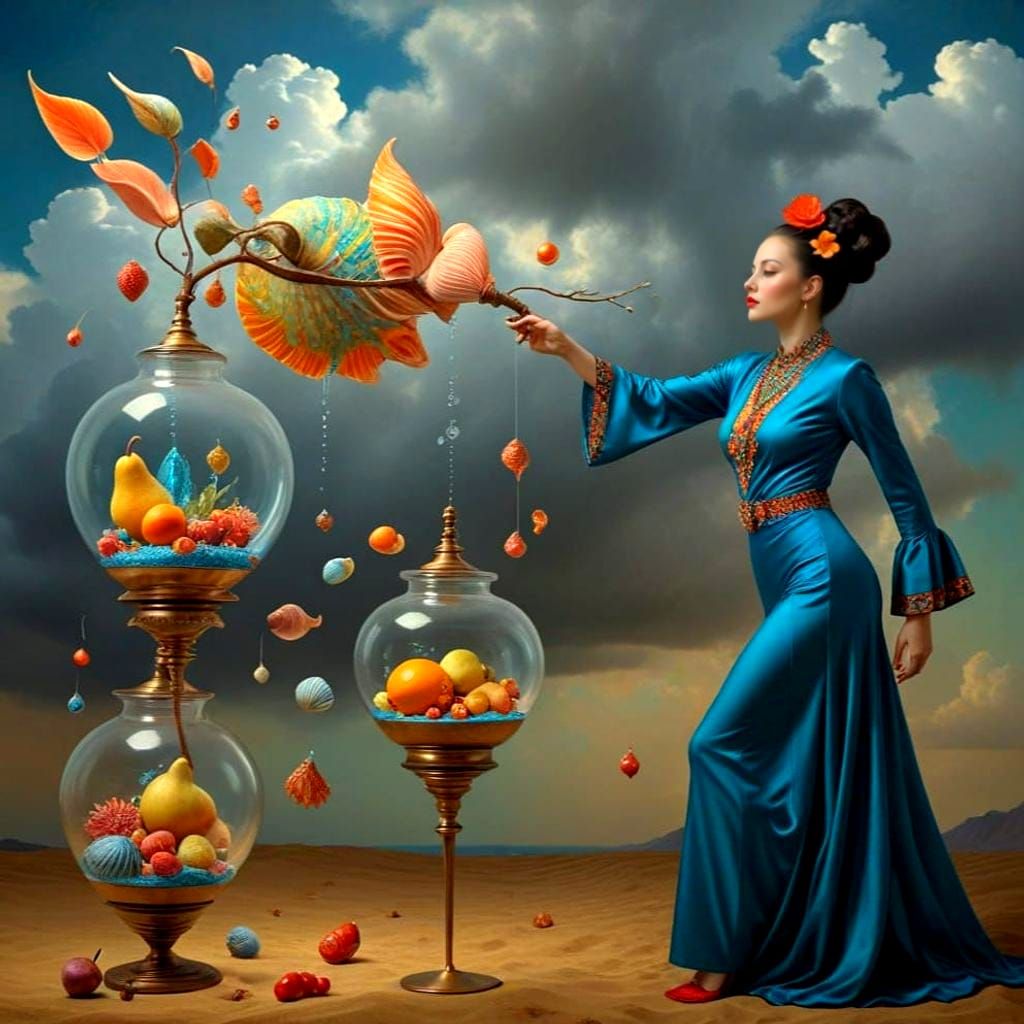 Surrealistic Portrait of a Happy Lady in Vibrant Haute Coutu...