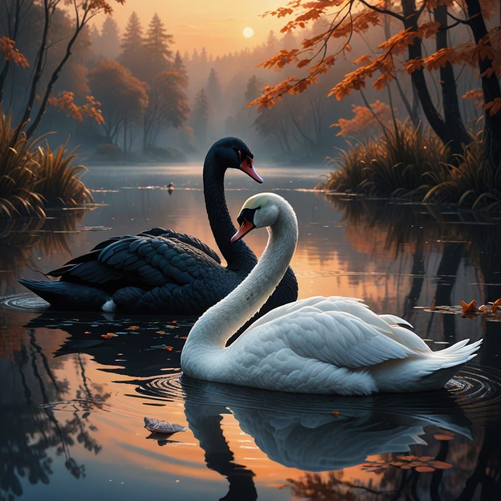 A black Swan next to a white swan.  by @Beautiful_Pictures