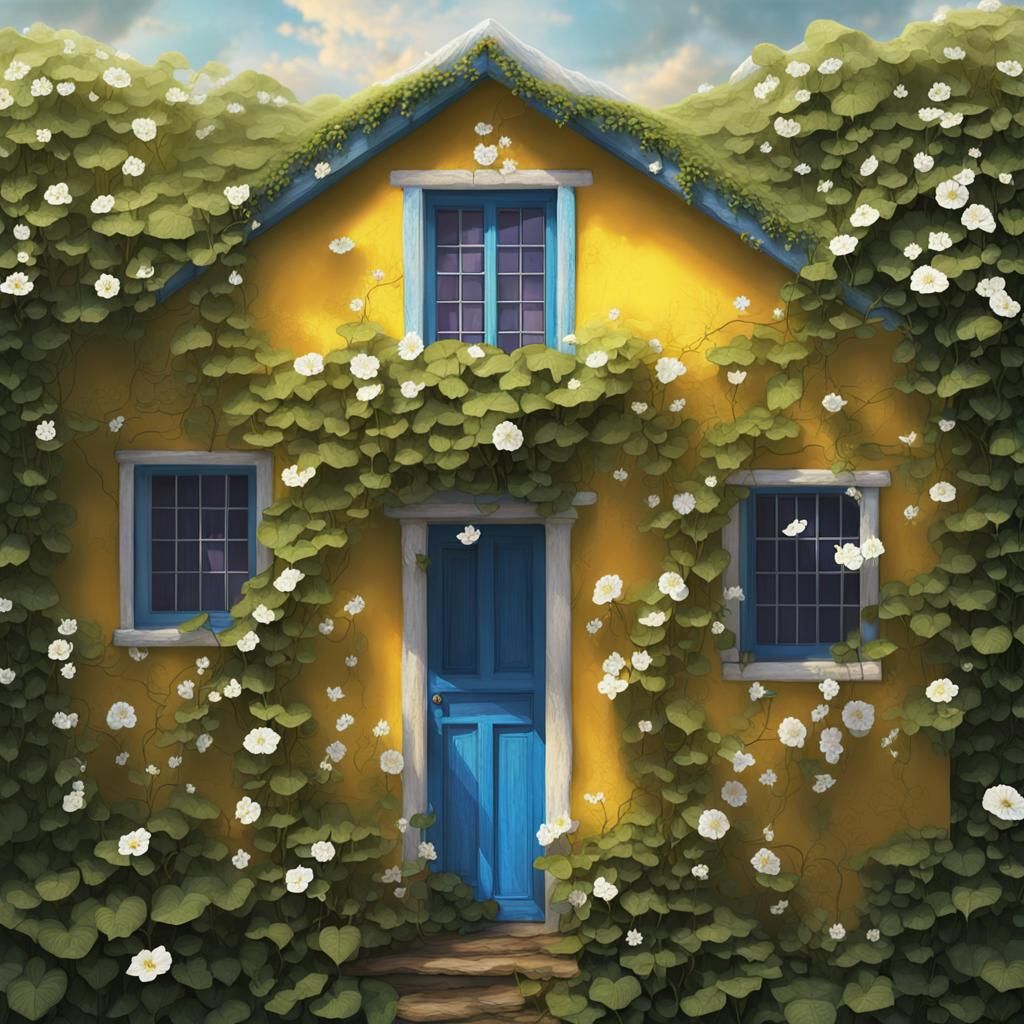 Morning Glory Vines on Yellow House: Digital Matte Painting