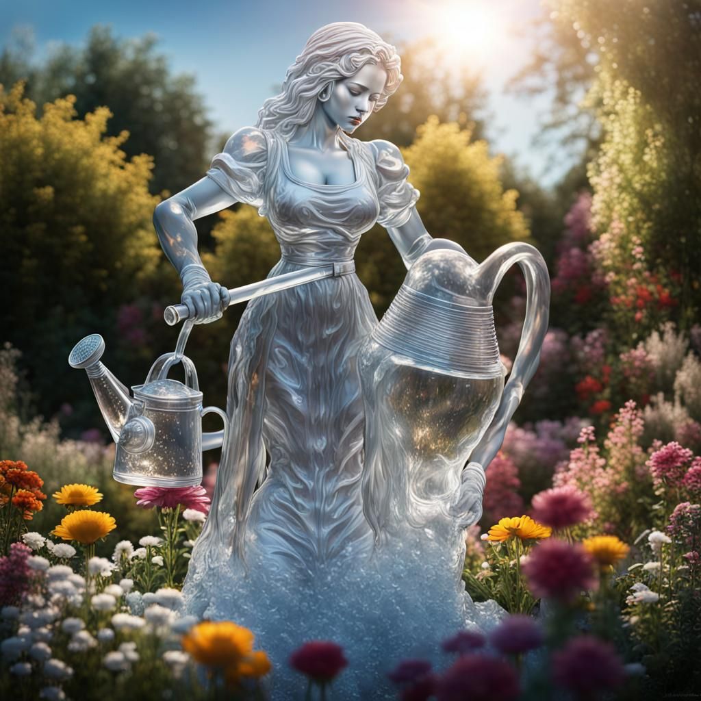 clear ice sculpture of a woman holding a watering can, also sculpted from ice. She is standing