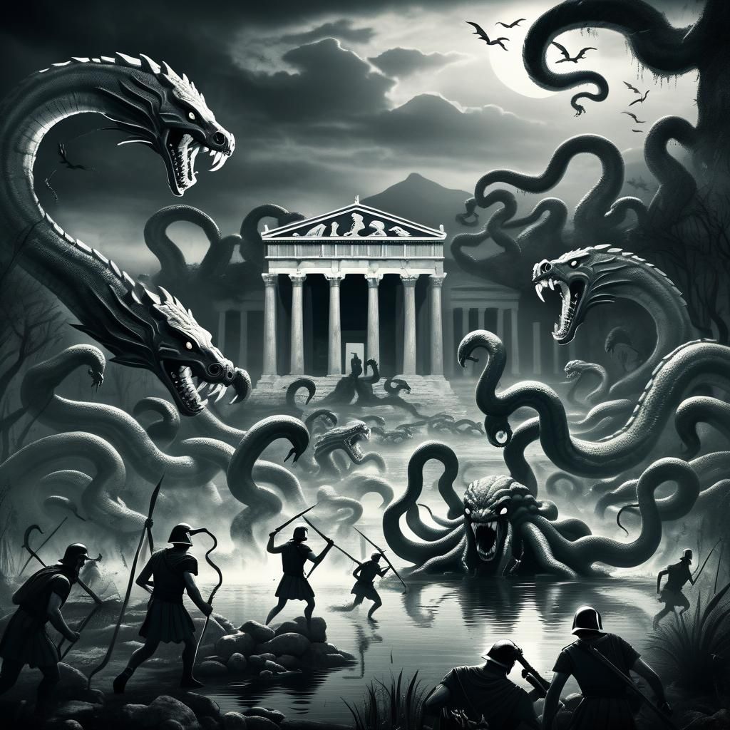 Hydra Attacks Greek Soldiers in Noir Swamp