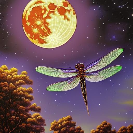 Intricately detailed Purple, metallic dragonfly flying in front of a