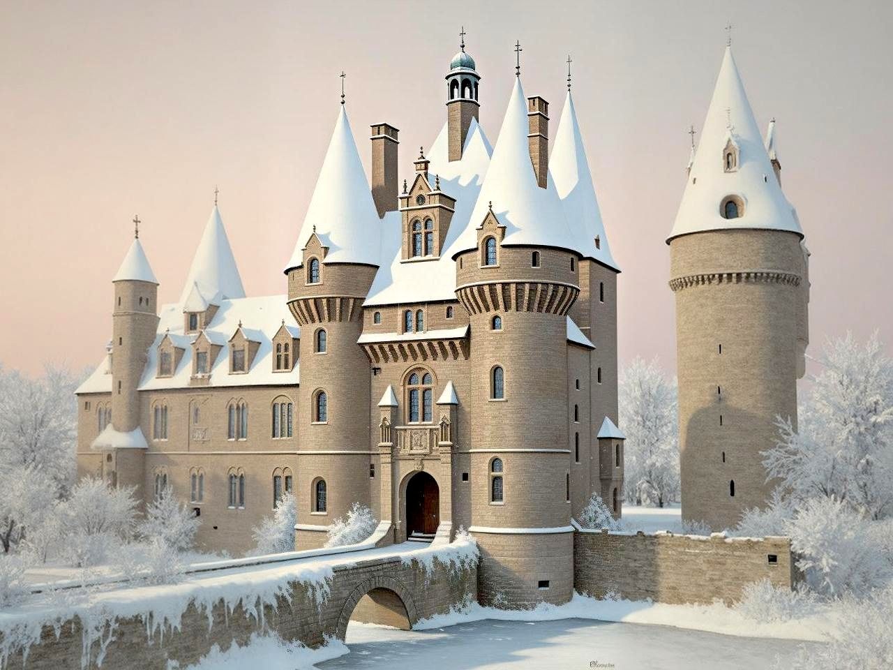 a large medieval castle in a snowy landscape