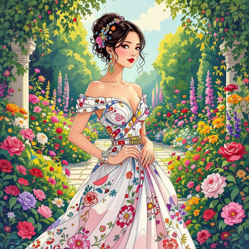 Elegant Woman in Garden, Whimsical Art Style