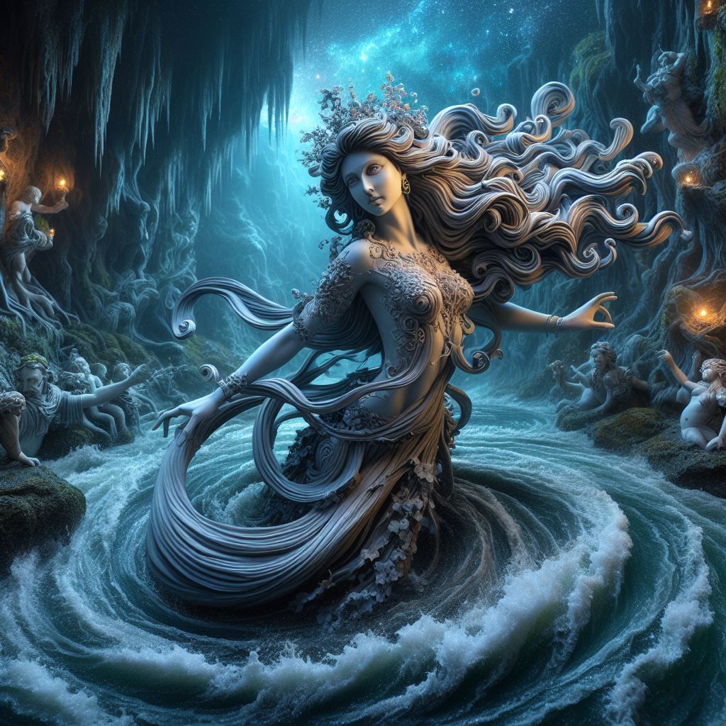 a river queen rising from a swirling whirlpool, IvyStarlight...