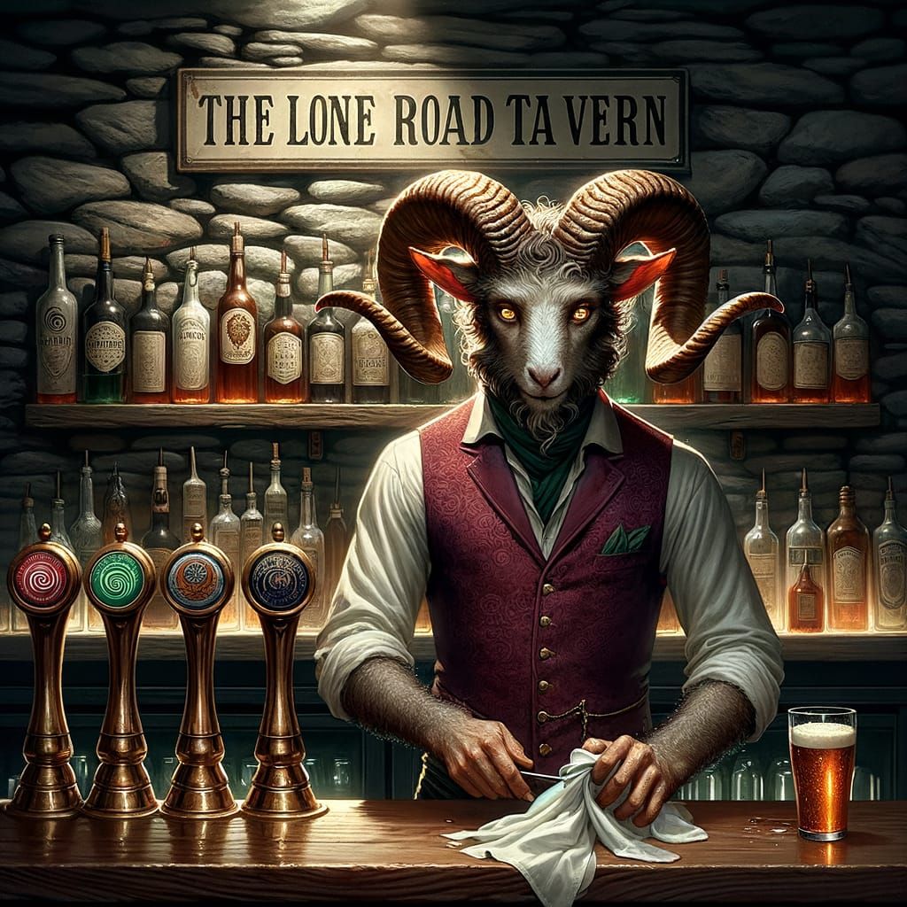 A sign on the wall reads <<The Lone Road Tavern>> A faun with spiraling goat horns wears a burgundy silk vest overtop of a white long-sleev...