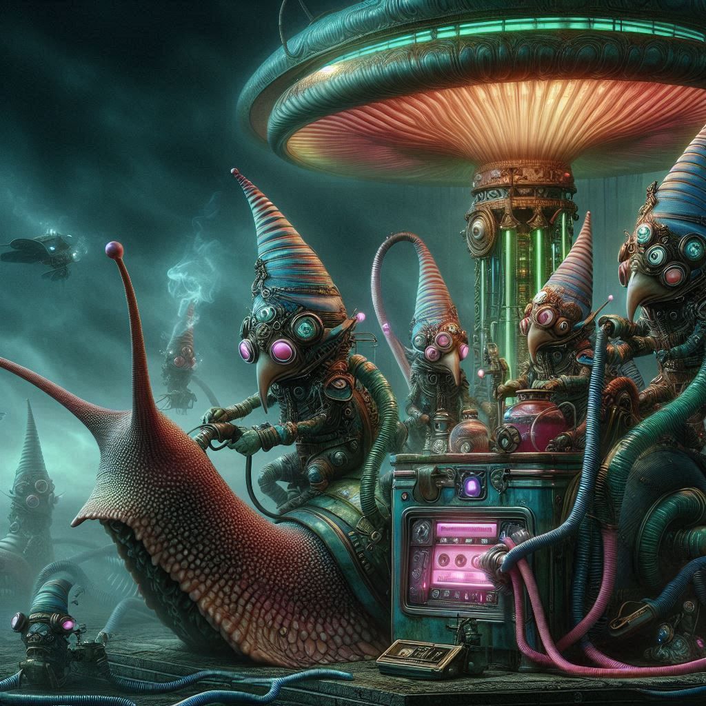 DMT machine gnomes refilling the gas tank snail spaceship
